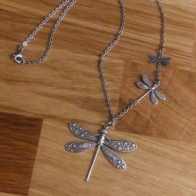 Sterling Silver Vintage Carved Dragonfly Necklace-Free Shipping Today Only