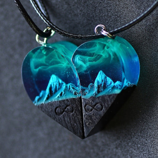 Infinionly Wood Resin Paired Heart Pendants Mountains Secret Magical World Inside Necklace