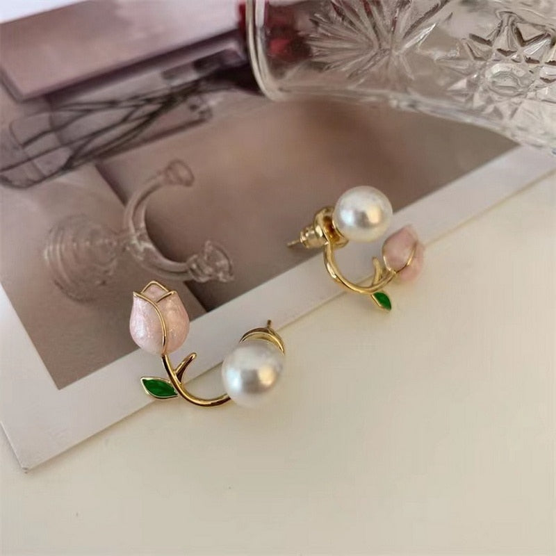 Infinionly Luxury Pink Tulip Flower Pearl Stud Earrings