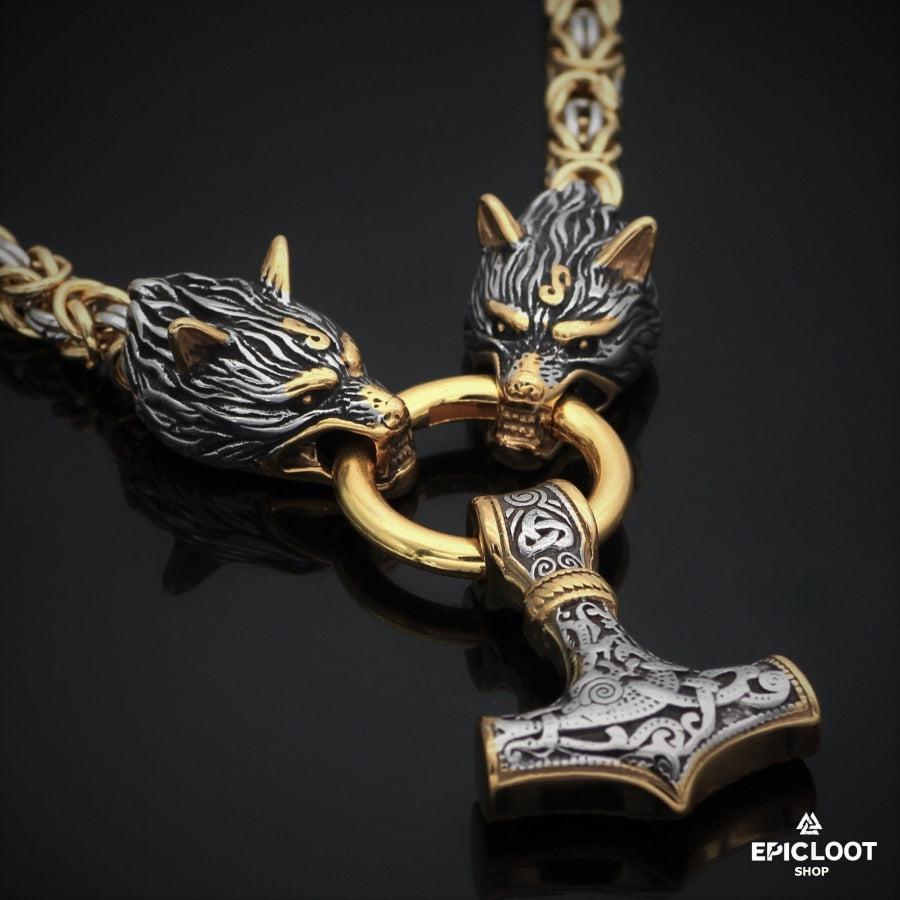Infinionly King Chain Wolves Holding Mjolnir Pendant