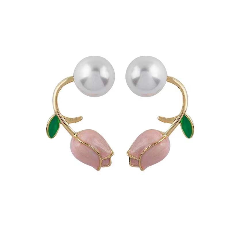 Infinionly Luxury Pink Tulip Flower Pearl Stud Earrings