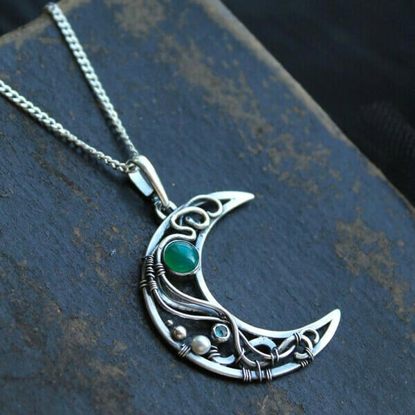 Infinionly Wire Wrapped Crescent Emerald Necklace