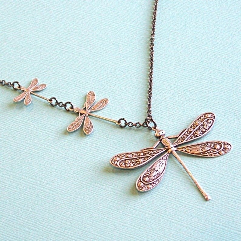 Sterling Silver Vintage Carved Dragonfly Necklace-Free Shipping Today Only