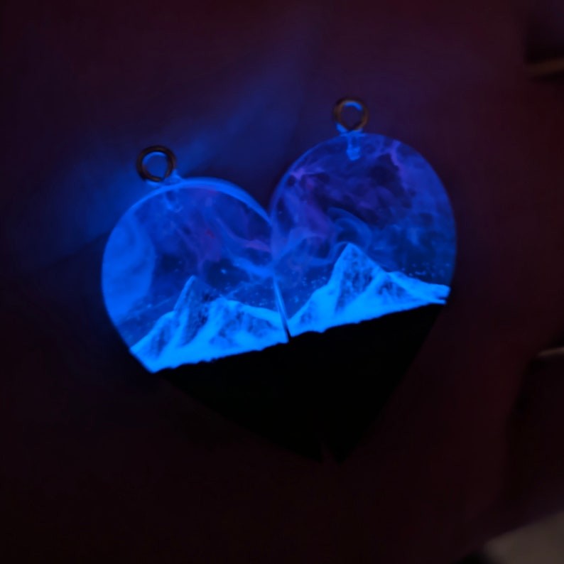 Infinionly Wood Resin Paired Heart Pendants Mountains Secret Magical World Inside Necklace