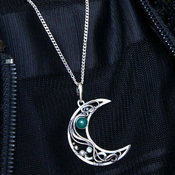 Infinionly Wire Wrapped Crescent Emerald Necklace