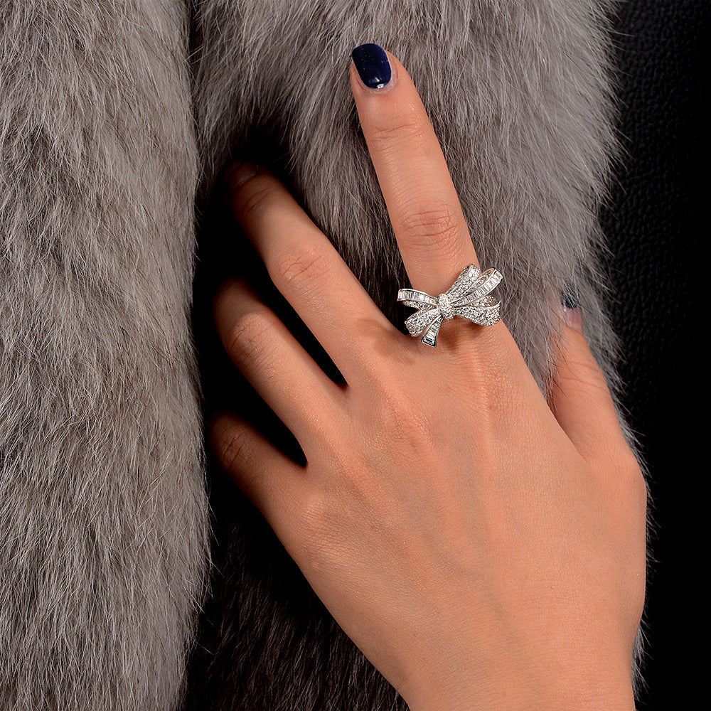 Infinionly 925 Sterling Silver 14K White Gold Emerald Cut Bow Design Engagement Ring