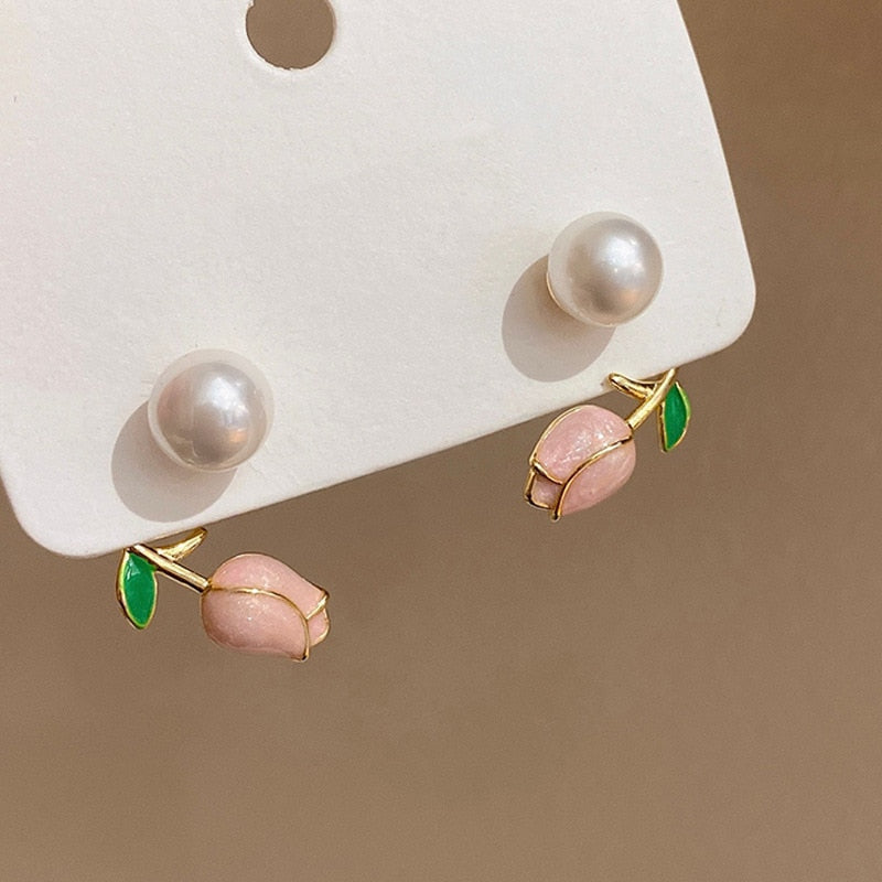 Infinionly Luxury Pink Tulip Flower Pearl Stud Earrings