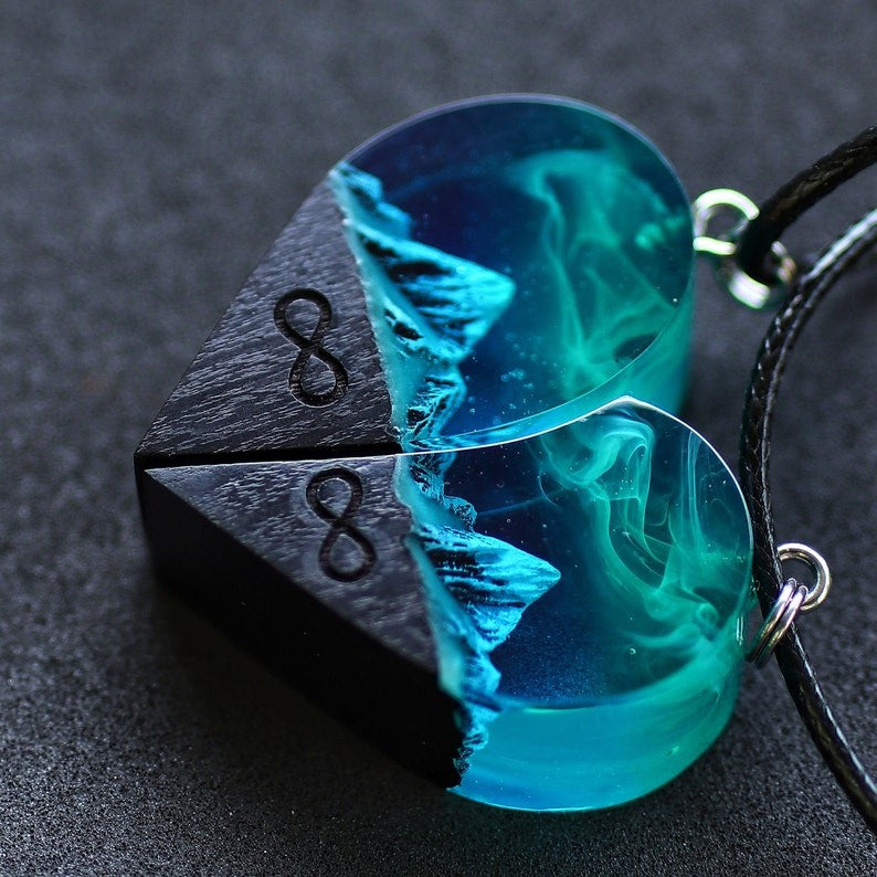 Infinionly Wood Resin Paired Heart Pendants Mountains Secret Magical World Inside Necklace