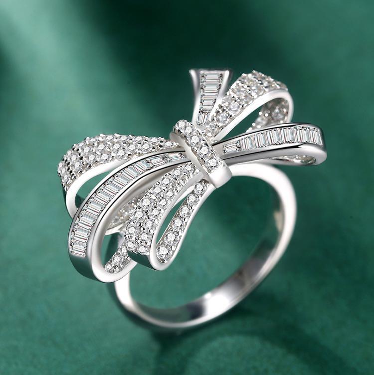 Infinionly 925 Sterling Silver 14K White Gold Emerald Cut Bow Design Engagement Ring