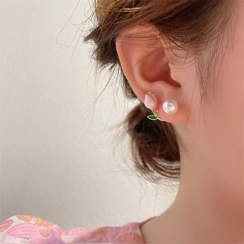 Infinionly Luxury Pink Tulip Flower Pearl Stud Earrings