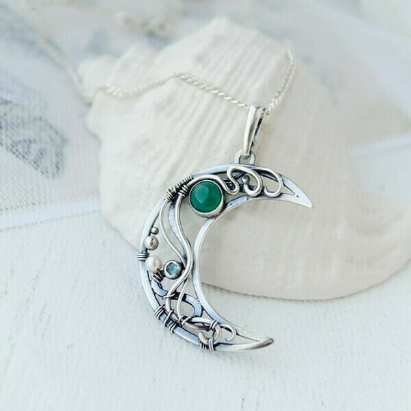 Infinionly Wire Wrapped Crescent Emerald Necklace