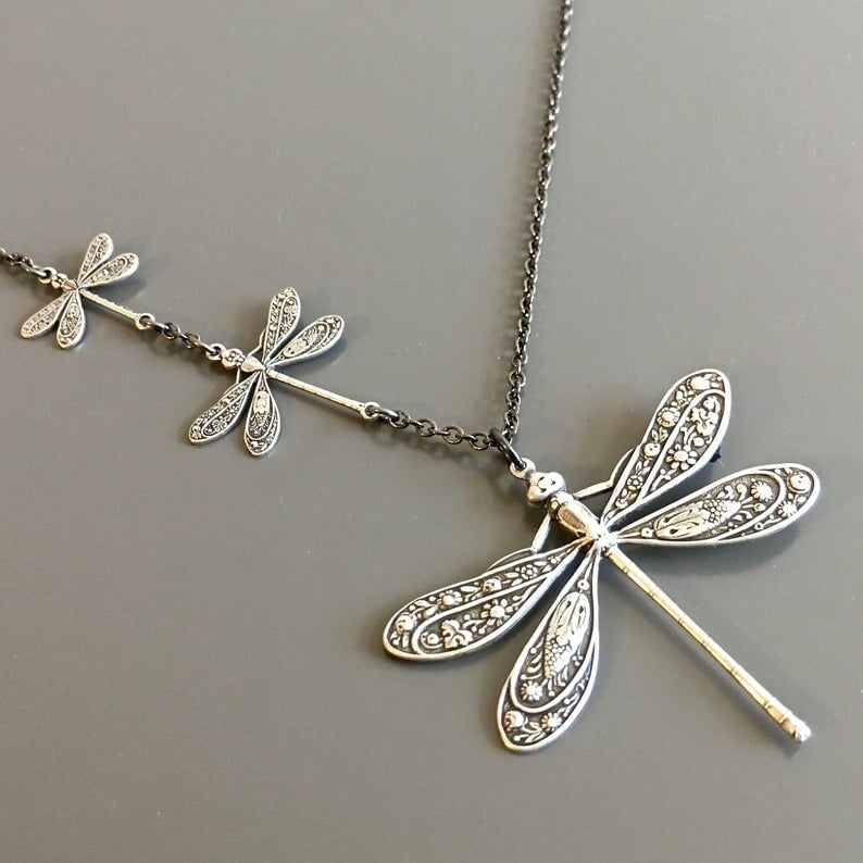 Sterling Silver Vintage Carved Dragonfly Necklace-Free Shipping Today Only