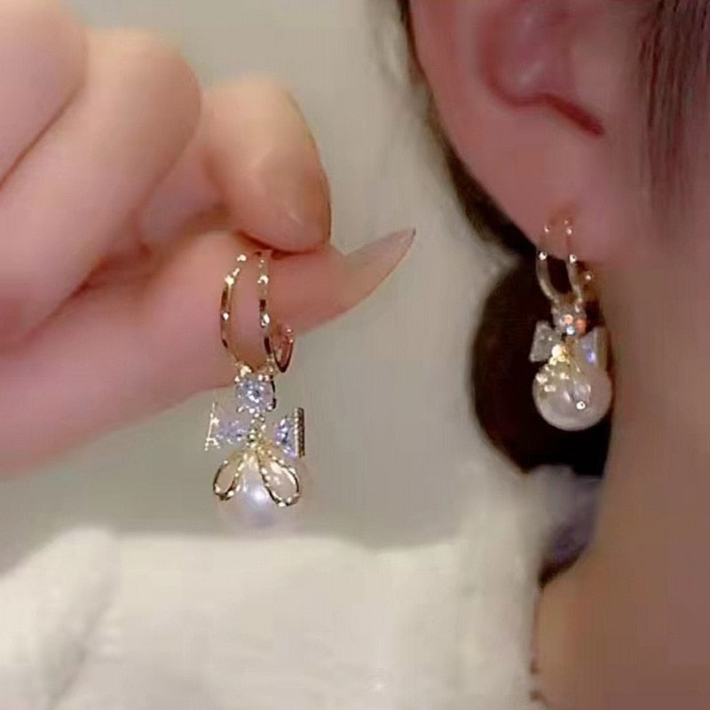 Infinionly Fashion Trend Crystal Zircon Bow Pendant Earrings