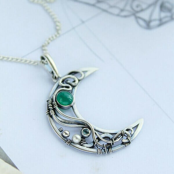 Infinionly Wire Wrapped Crescent Emerald Necklace