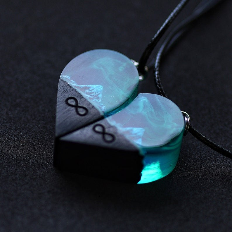 Infinionly Wood Resin Paired Heart Pendants Mountains Secret Magical World Inside Necklace