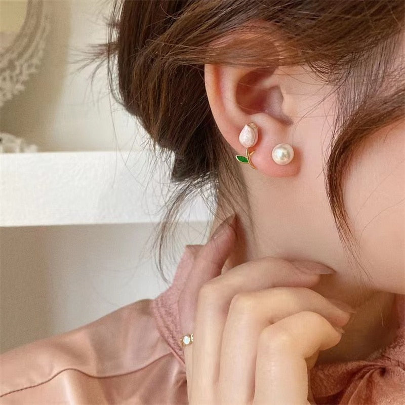 Infinionly Luxury Pink Tulip Flower Pearl Stud Earrings