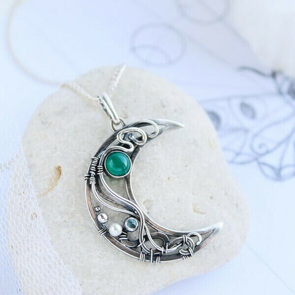 Infinionly Wire Wrapped Crescent Emerald Necklace