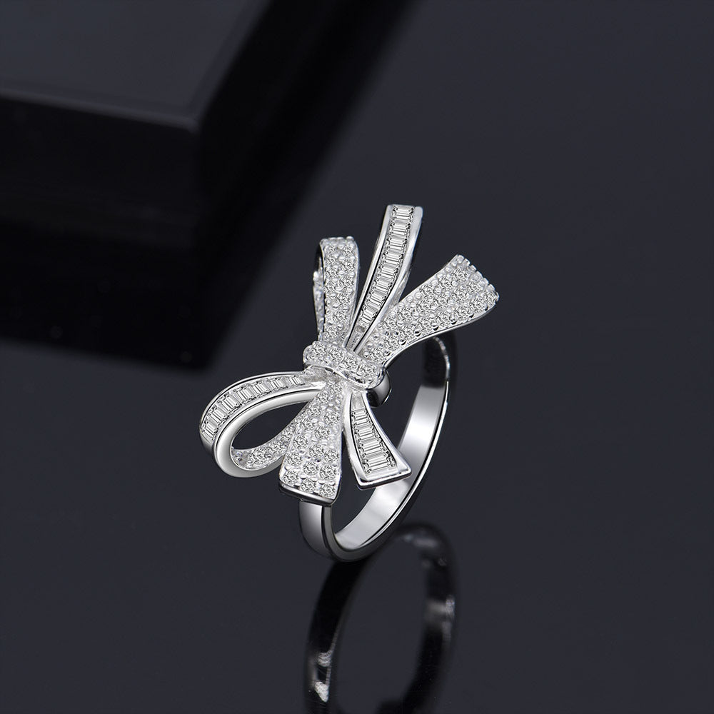 Infinionly 925 Sterling Silver 14K White Gold Emerald Cut Bow Design Engagement Ring