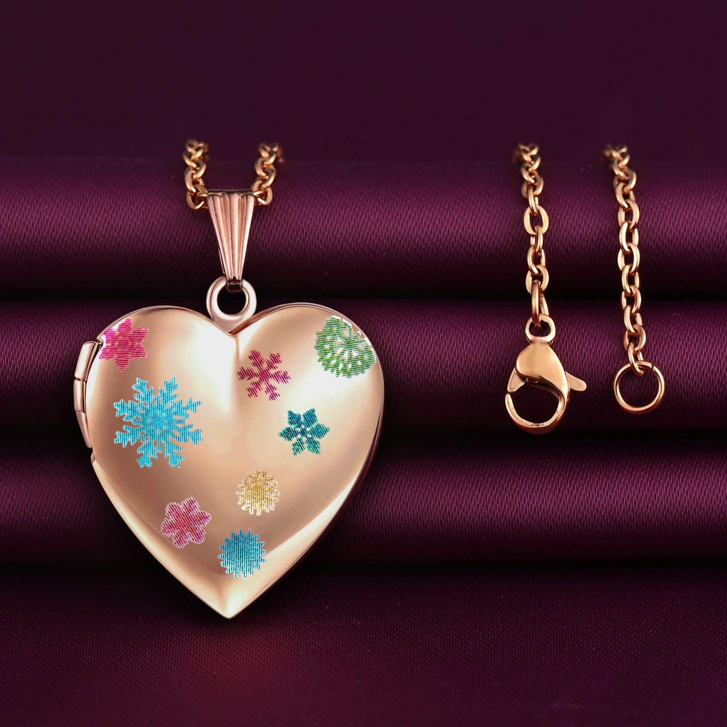 Infinionly Colorful Snowflakes Heart Photo Locket Necklace