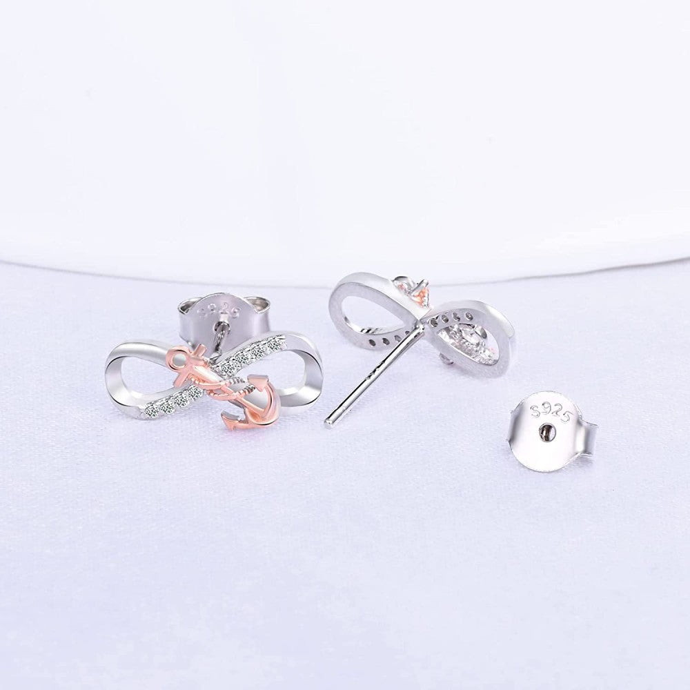 Infinity with Anchor Two Tone CZ Stud Earrings