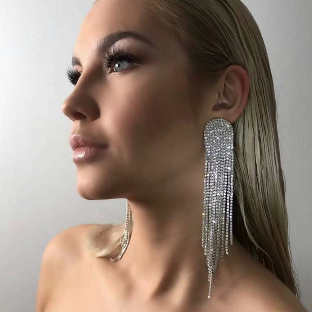 Infinionly Geometric Rhinestone Fringe Earrings With Super Flash Claws