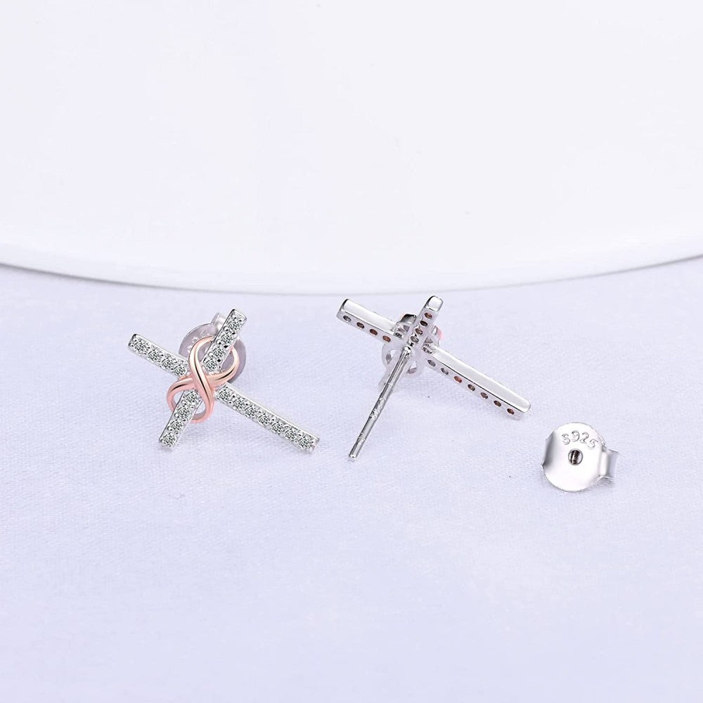 Infinity with Cross Two Tone CZ Stud Earrings