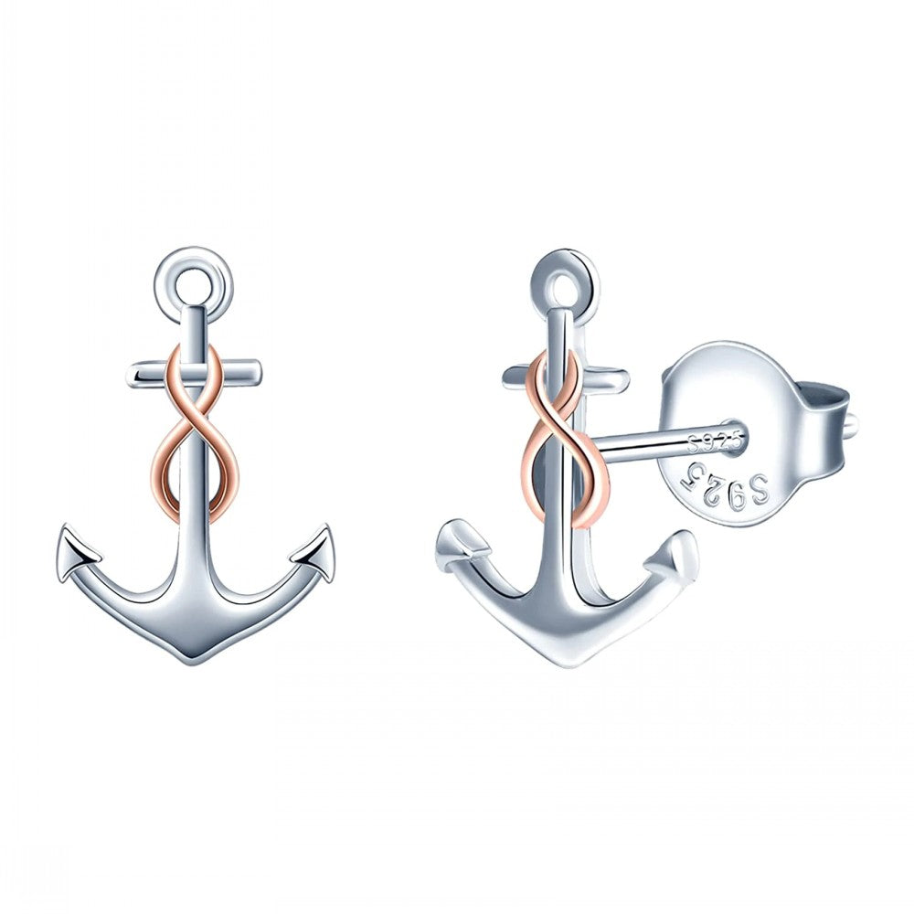 Vertical Infinity Anchor Two Tone Stud Earrings