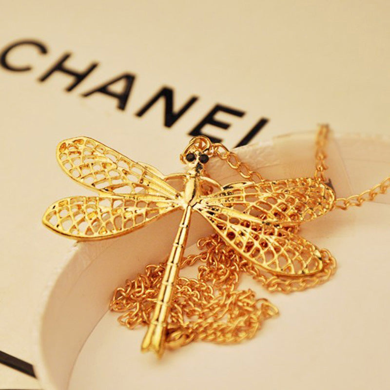 Gold Vintage Carved Dragonfly Necklace