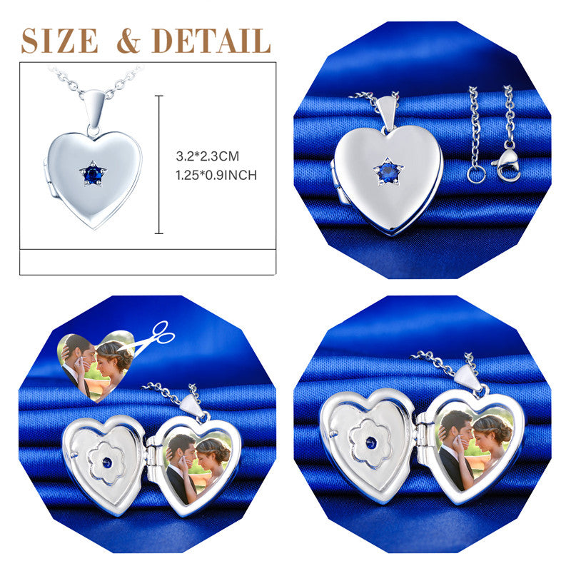 Infinionly Blue Star Zircon Heart Photo Locket Necklace