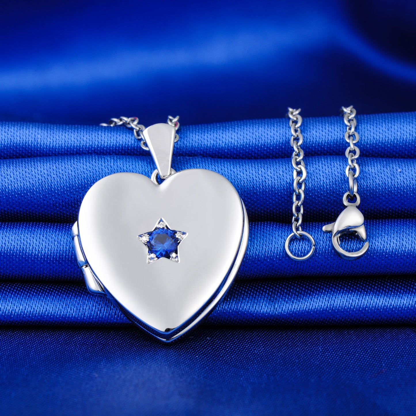 Infinionly Blue Star Zircon Heart Photo Locket Necklace