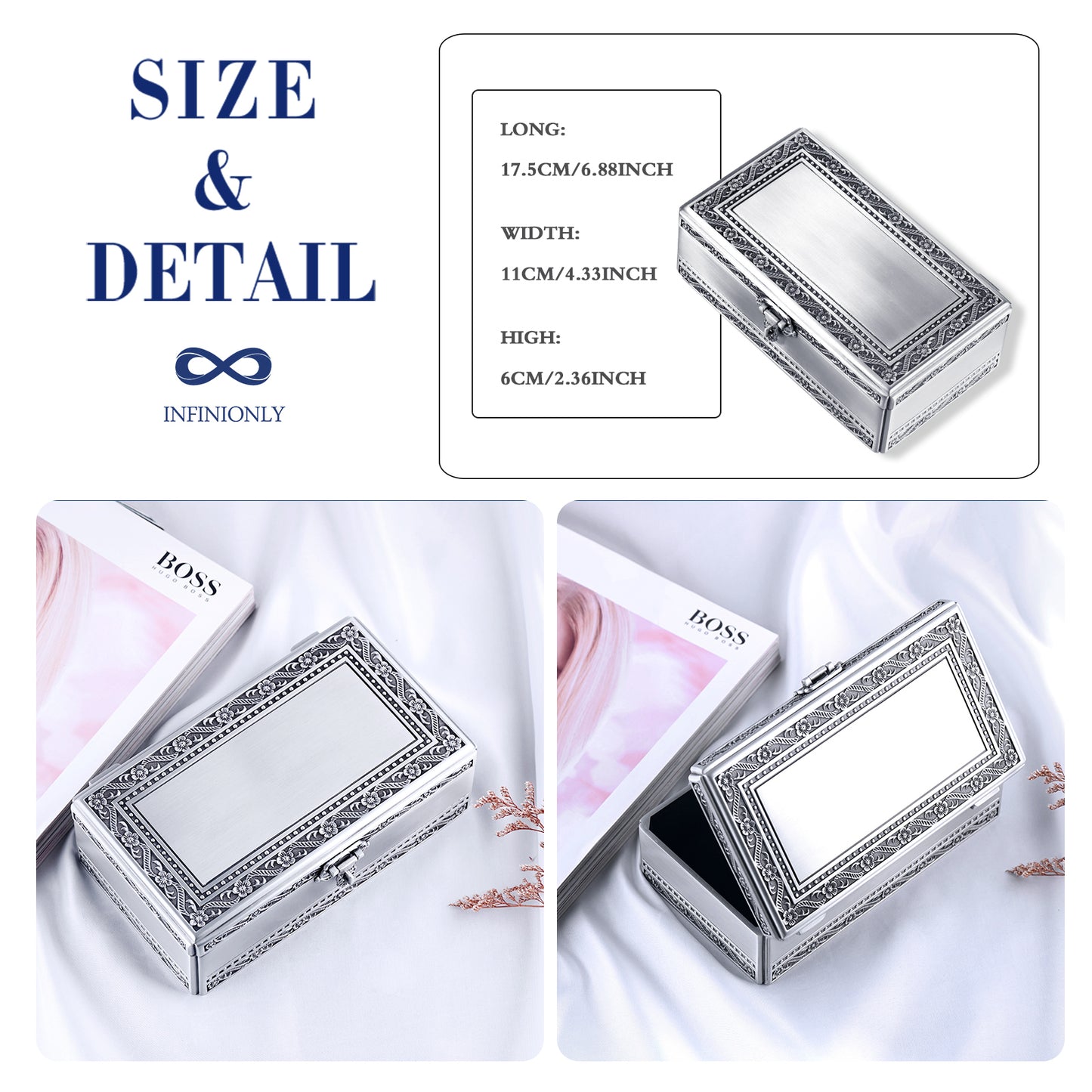 Infinionly Simple Pattern Carving Large Rectangular Metal Jewelry Box