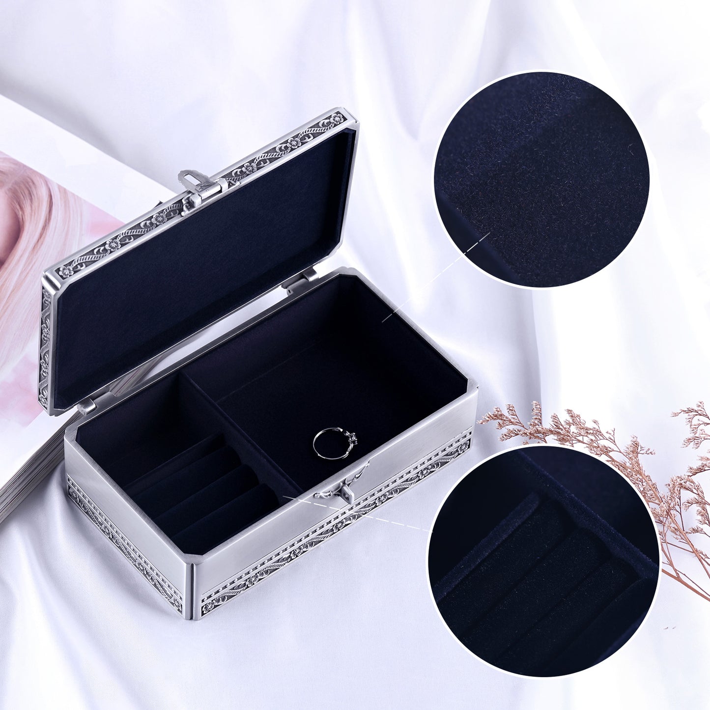 Infinionly Simple Pattern Carving Large Rectangular Metal Jewelry Box