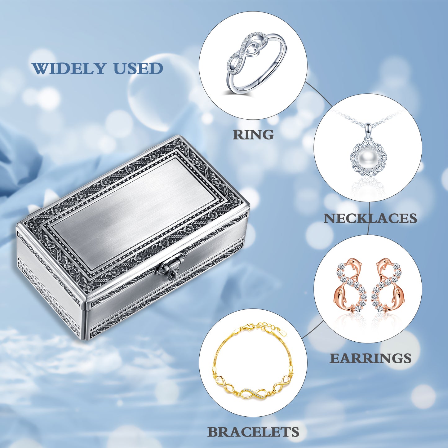 Infinionly Simple Pattern Carving Large Rectangular Metal Jewelry Box