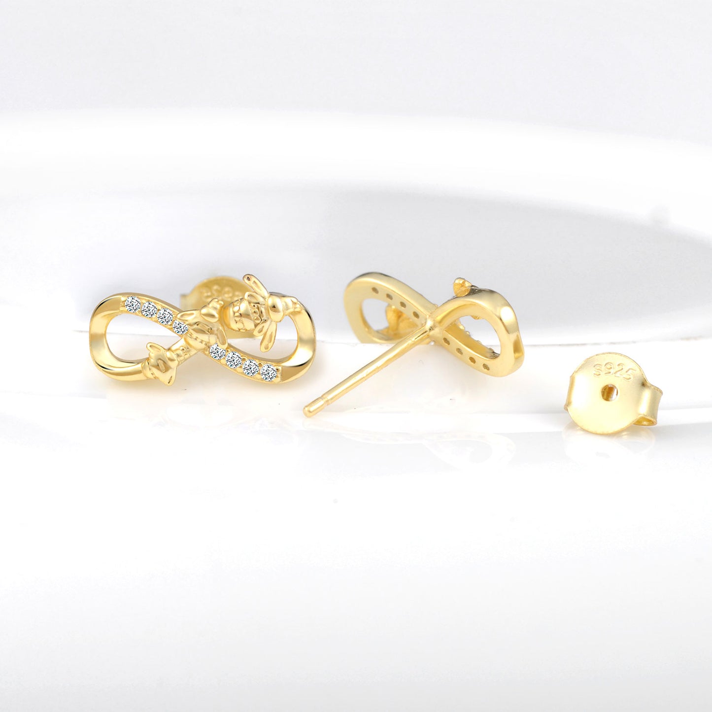 Bees Love Infinity Symbol CZ Stud Earrings