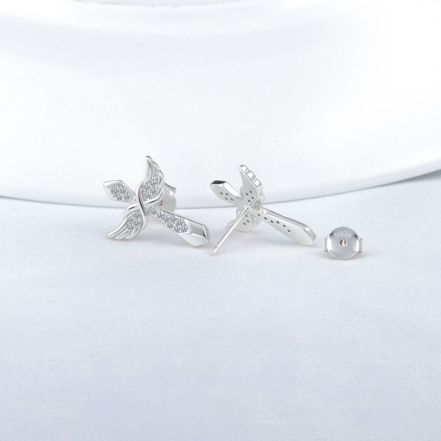 Angel Wing Infinity Cross Symbol CZ Stud Earrings