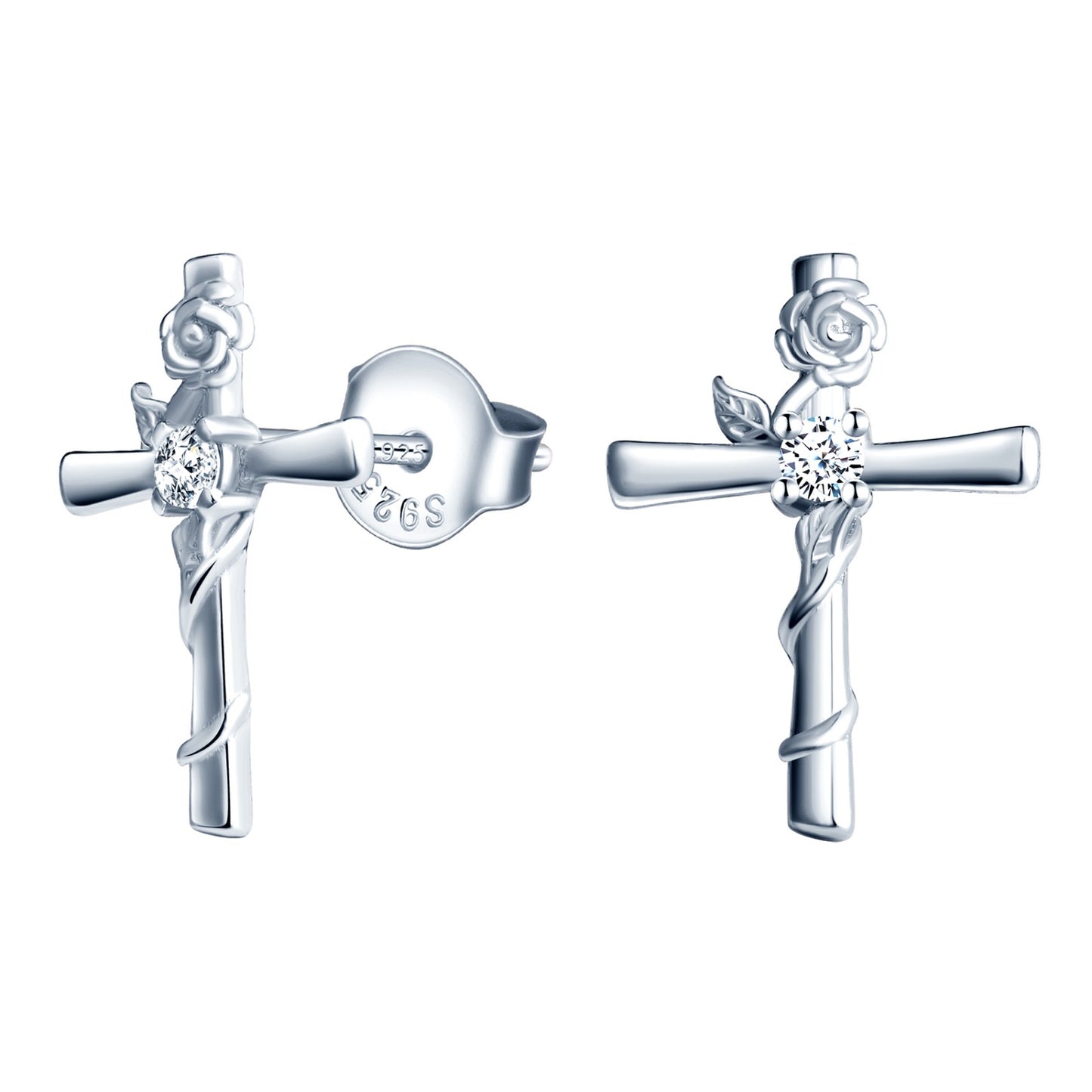 Cross with Rose CZ Stud Earrings