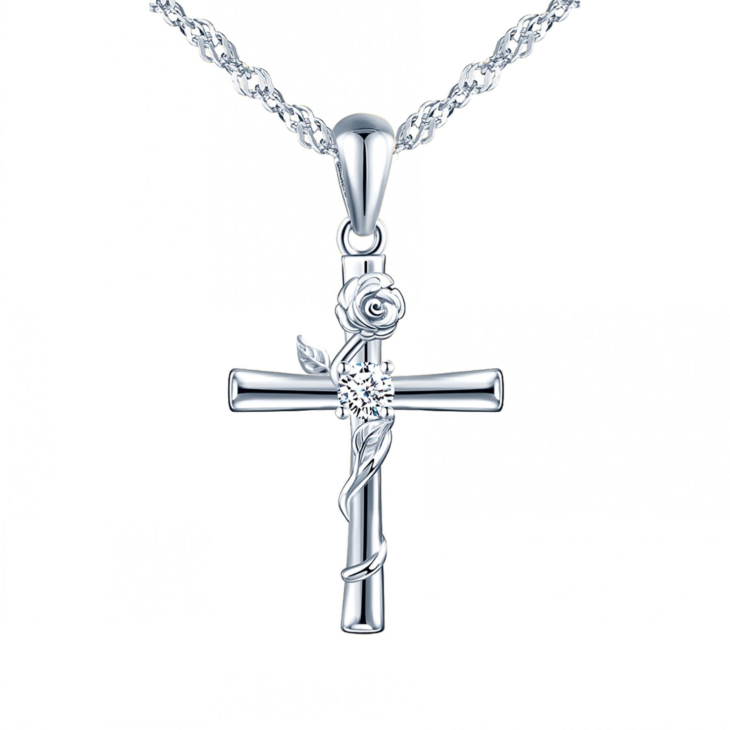 Cross with Rose CZ Necklace