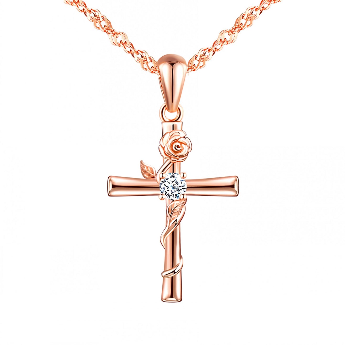 Cross with Rose CZ Necklace