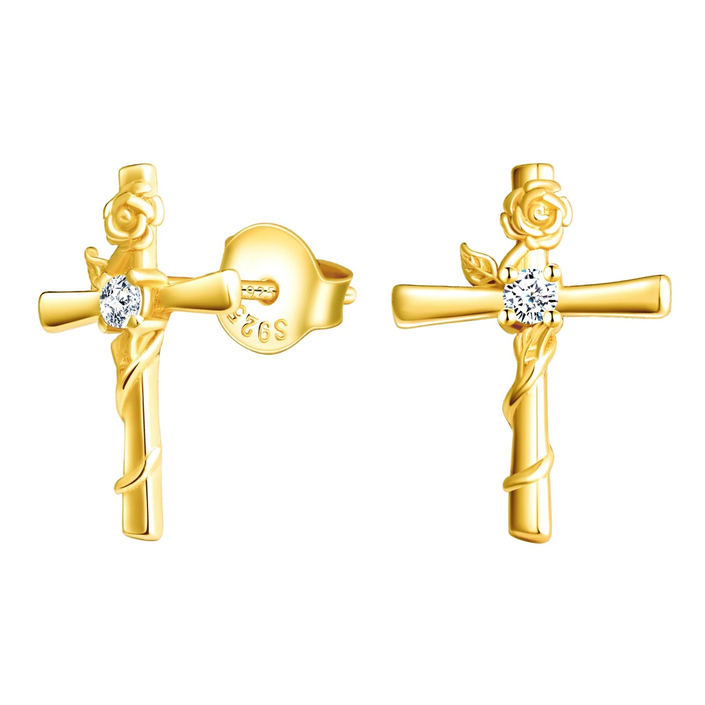 Cross with Rose CZ Stud Earrings