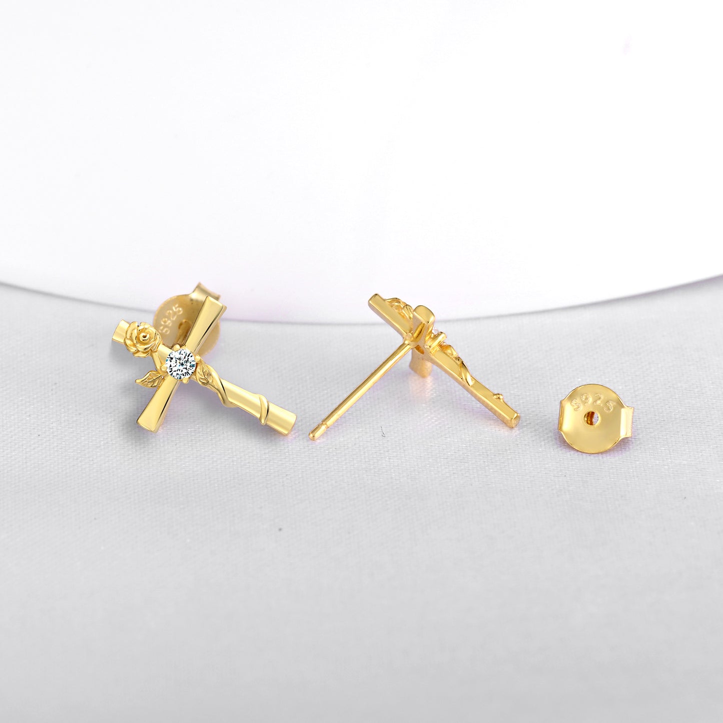 Cross with Rose CZ Stud Earrings