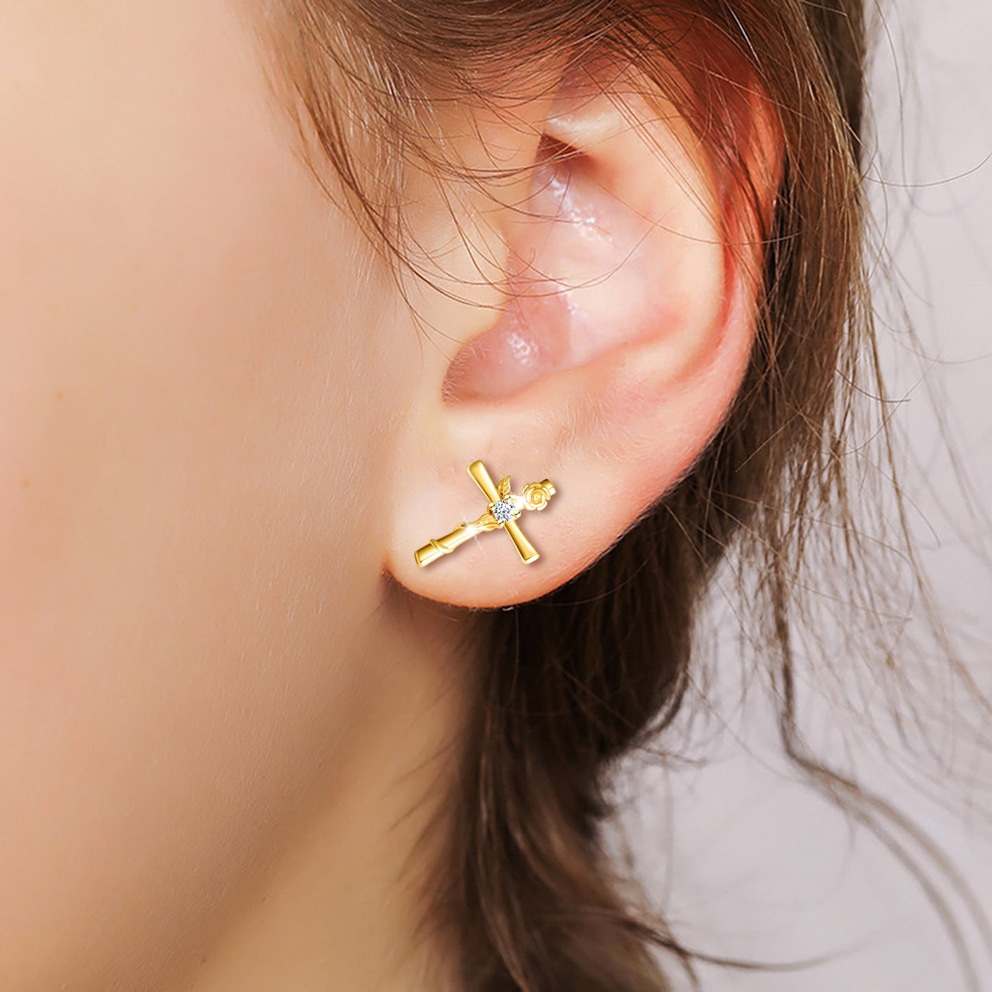 Cross with Rose CZ Stud Earrings