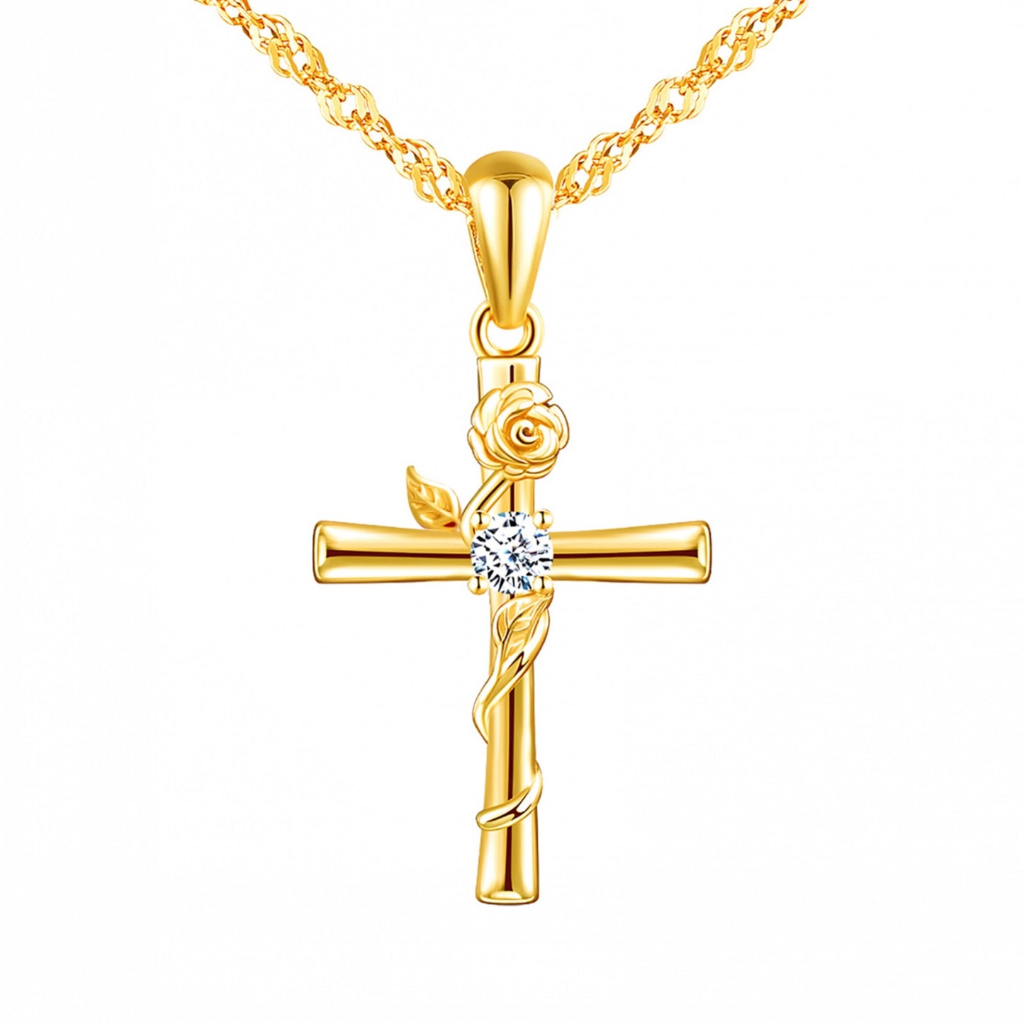 Cross with Rose CZ Necklace