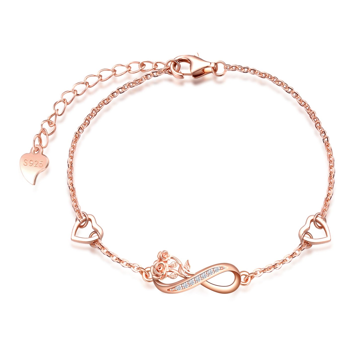 Infinity Roses with Heart Symbol CZ Bracelet