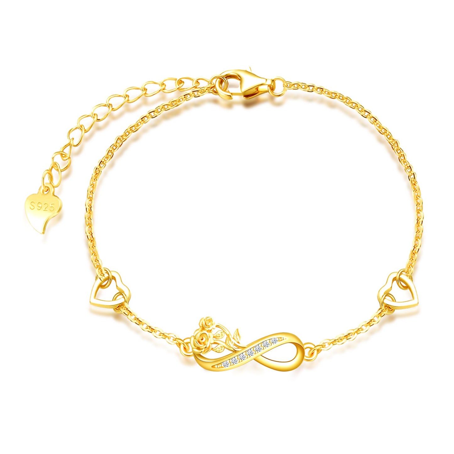 Infinity Roses with Heart Symbol CZ Bracelet
