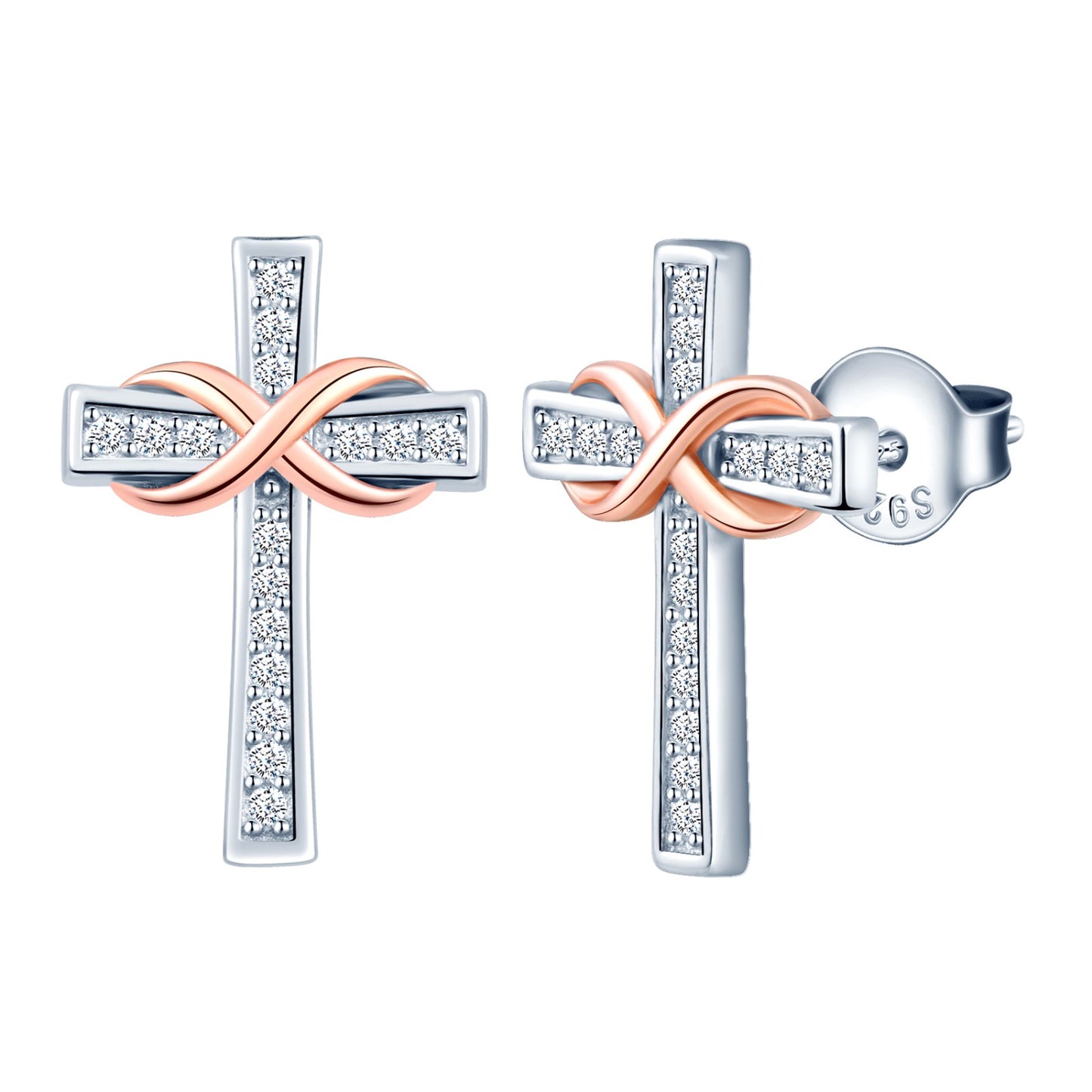 Slim Infinity Cross Two Tone CZ Stud Earrings