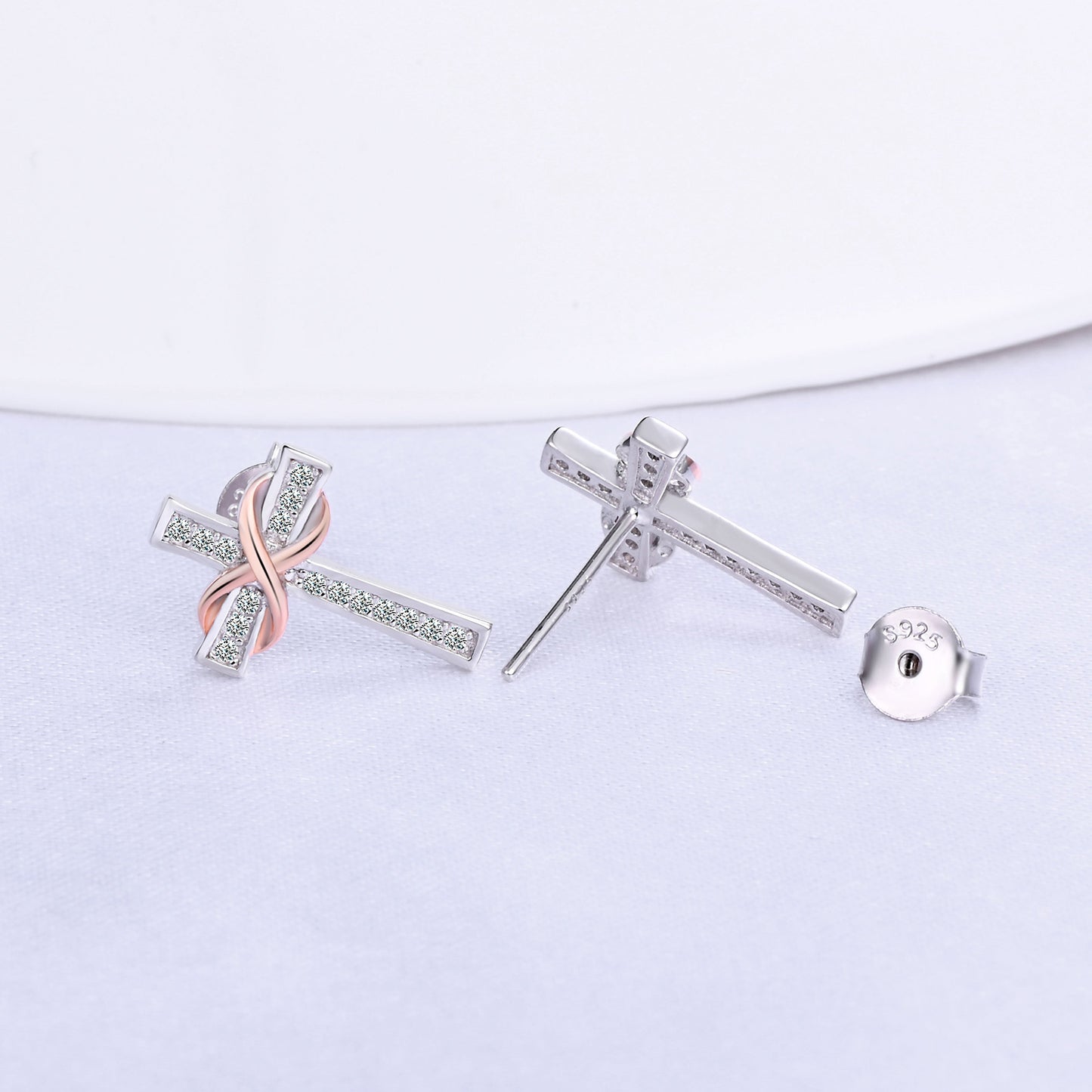 Slim Infinity Cross Two Tone CZ Stud Earrings