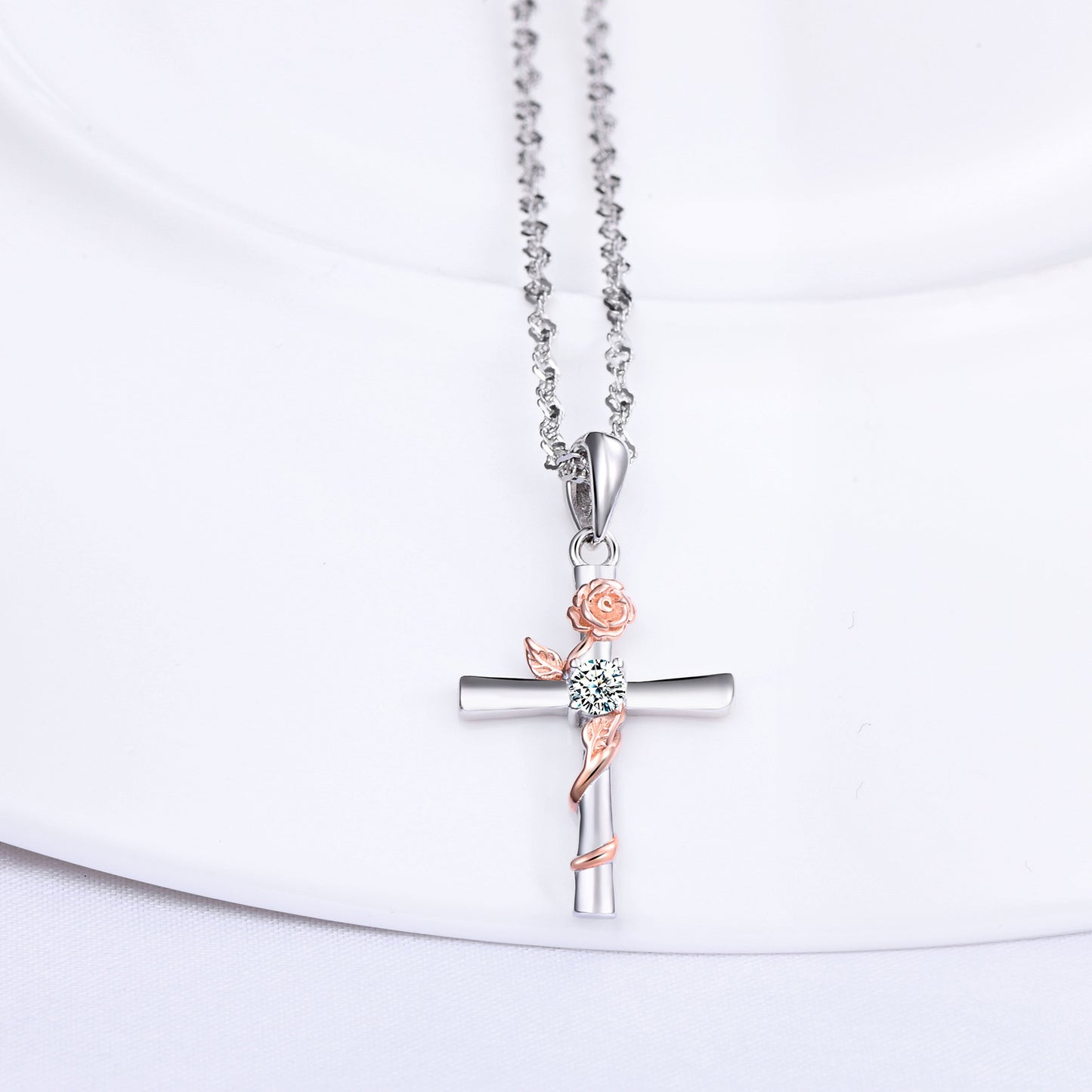Cross with Rose Two Tone CZ Necklace