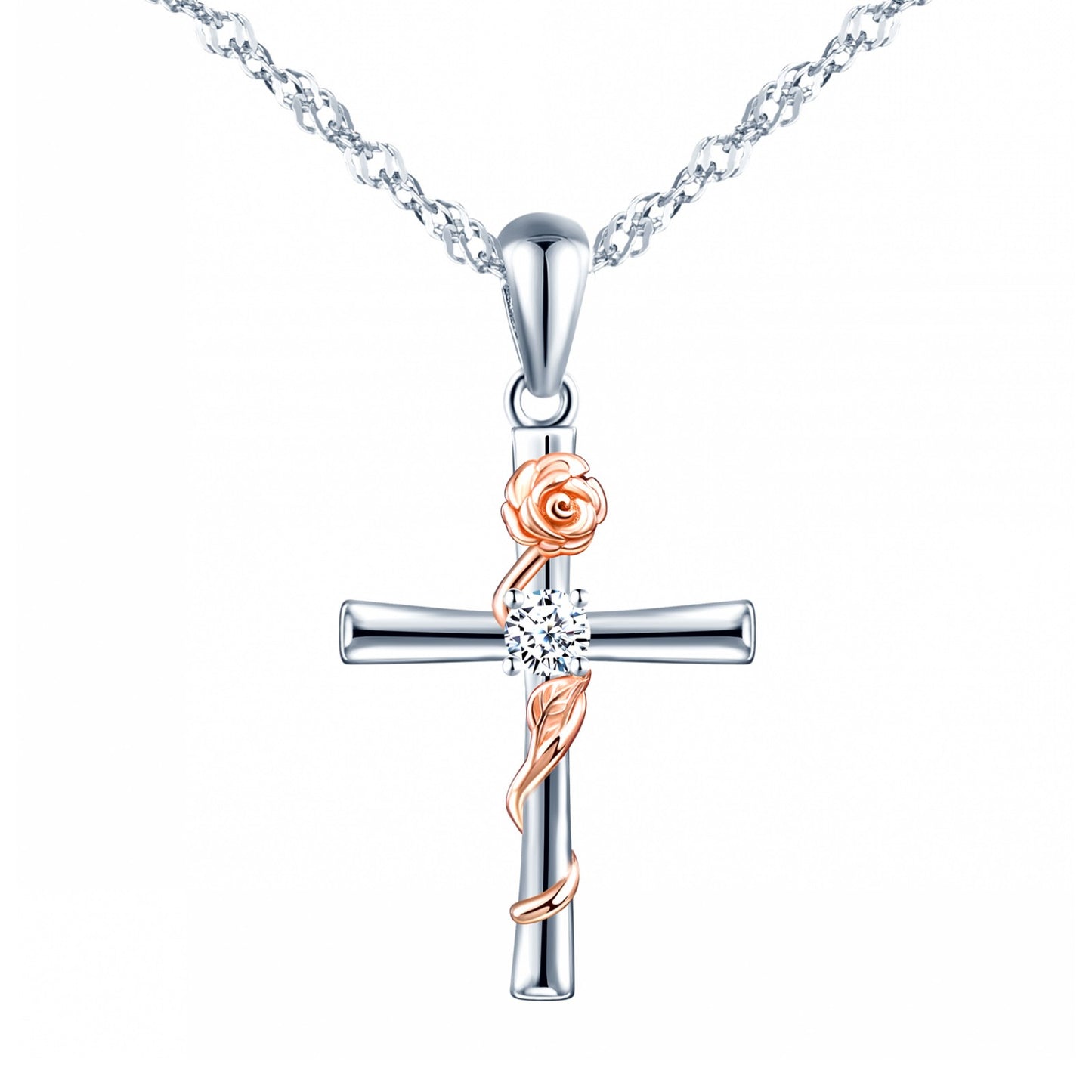 Cross with Rose Two Tone CZ Necklace