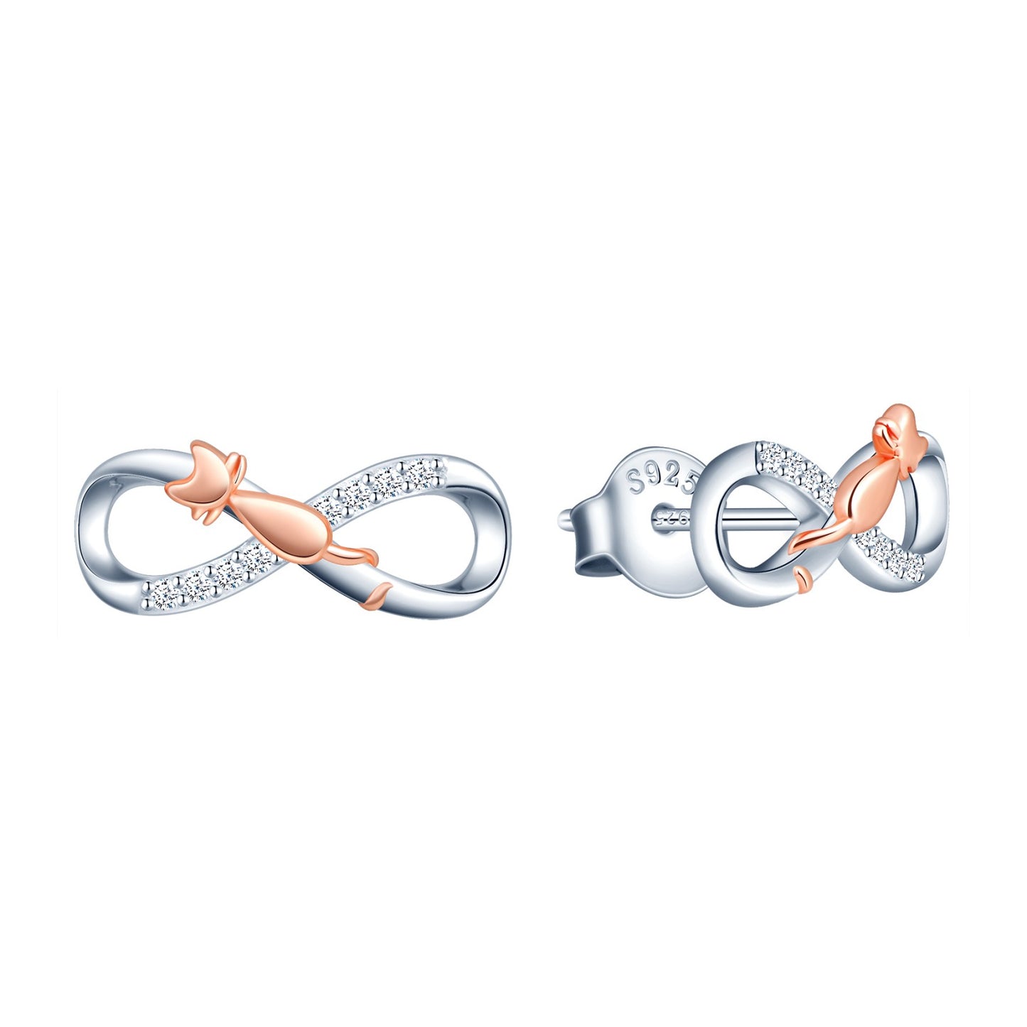Infinity Cat Two Tone CZ Stud Earrings