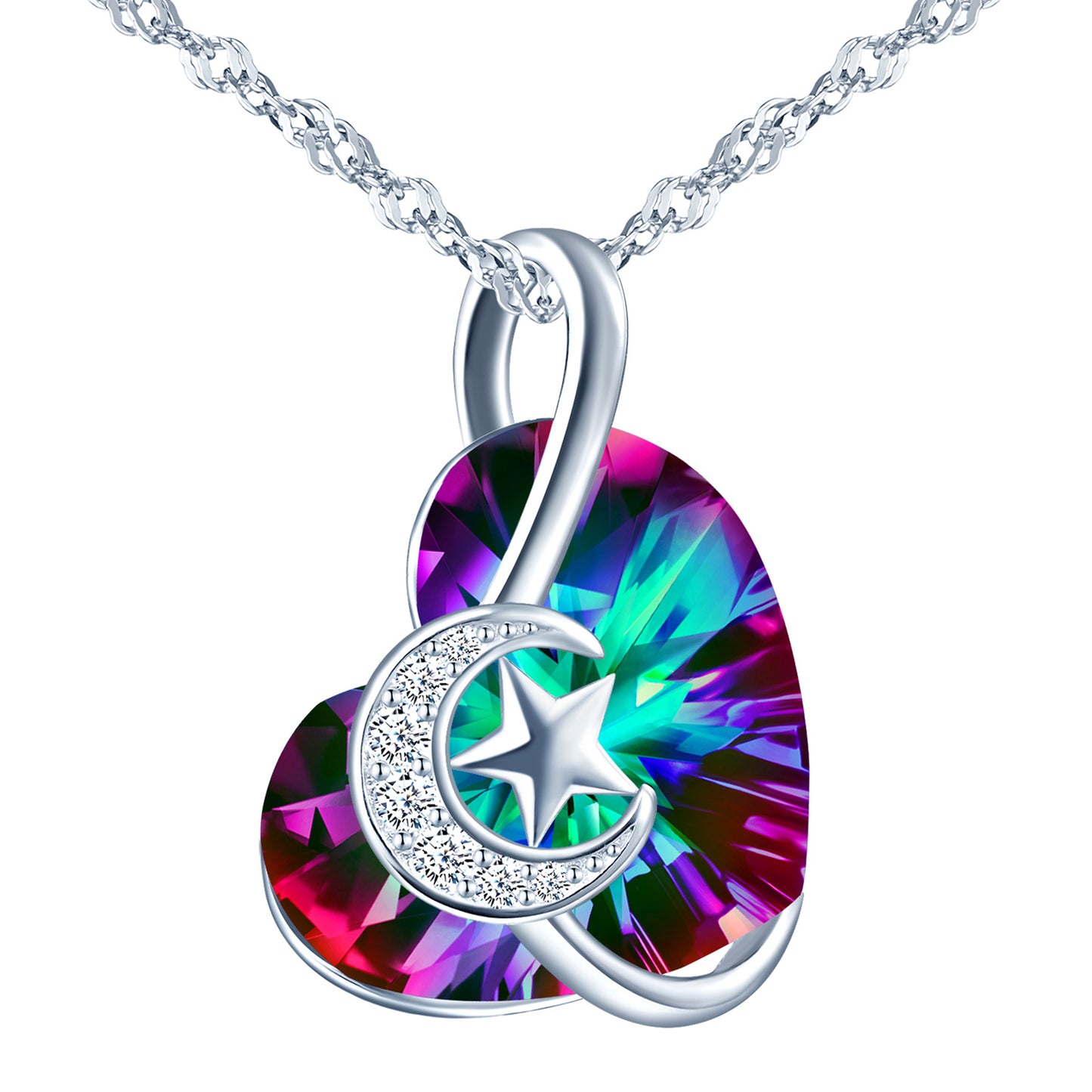 Zircon Crescent Moon and Star Heart Crystal Necklace